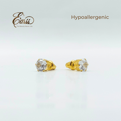 Gold earrings with clear gemstones on a light gray background, featuring the brand 'Ears'.