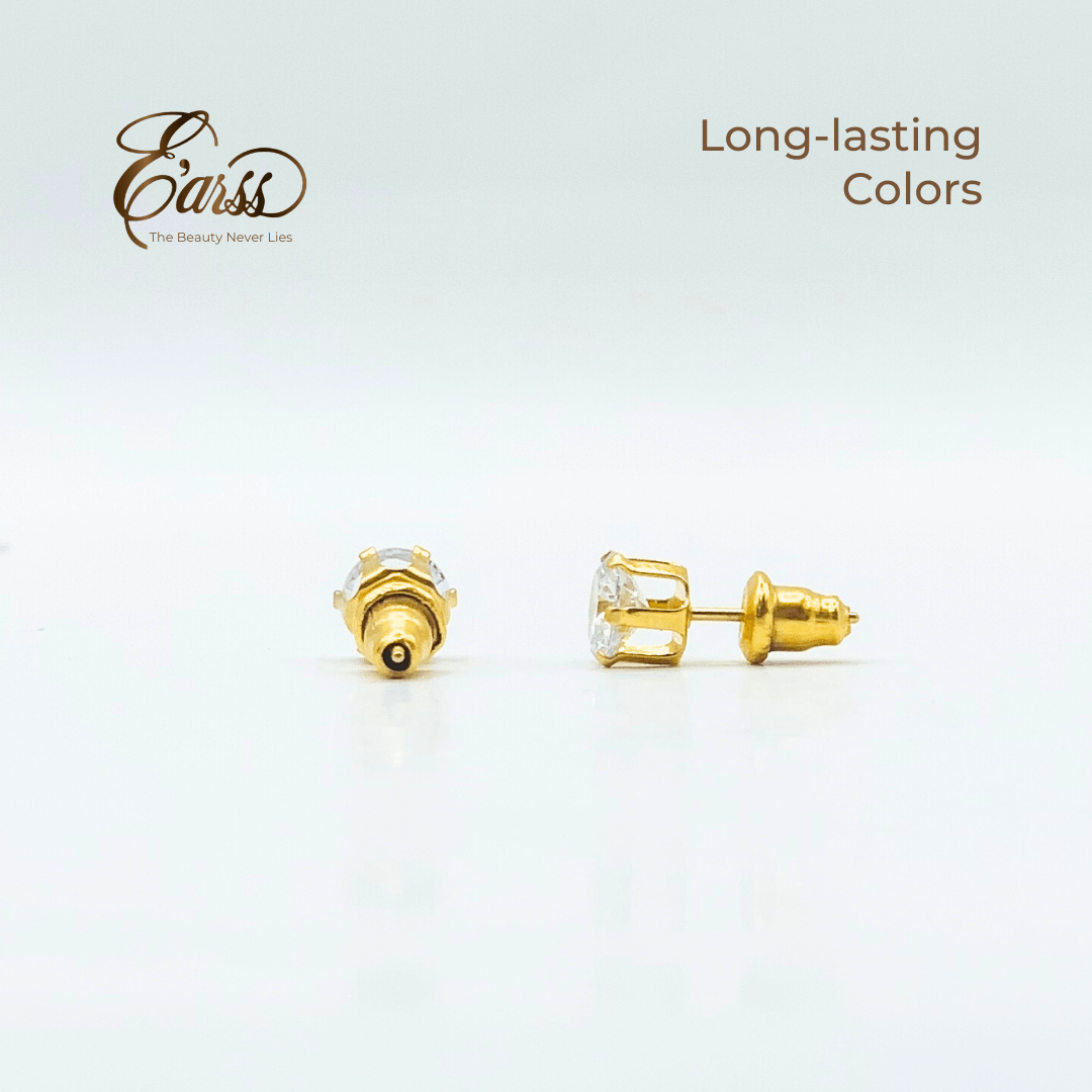 Gold earrings on a light gray background with 'Earss' brand name.