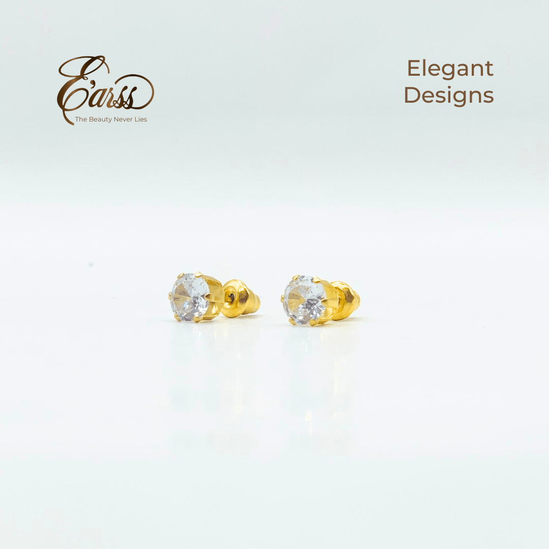 Gold earrings with clear gemstones on a light gray background, featuring the brand 'Ears'.