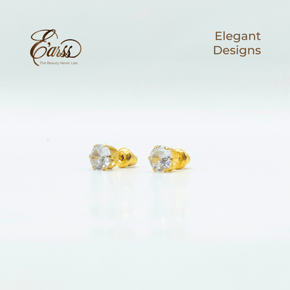 Gold earrings with clear gemstones on a light gray background, featuring the brand 'Ears'.