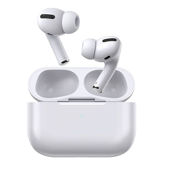 White wireless earbuds with charging case on a white background