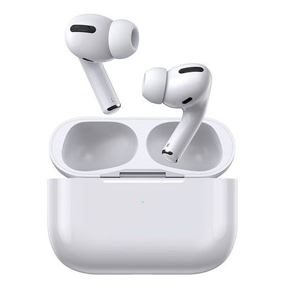 White wireless earbuds with charging case on a white background