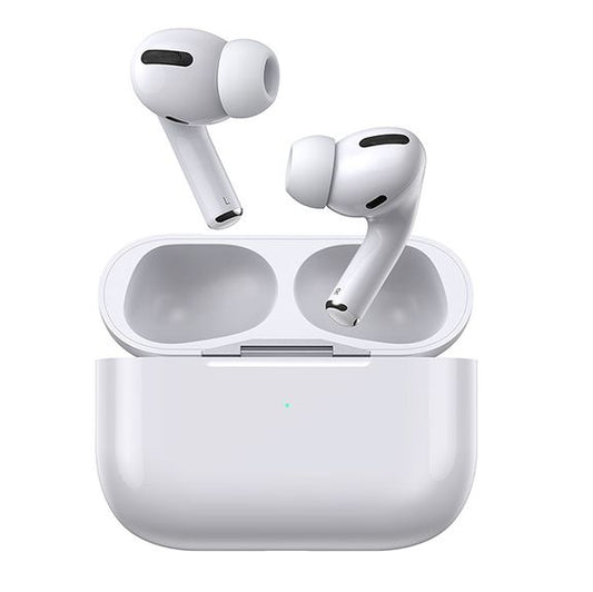 White wireless earbuds with charging case on a white background