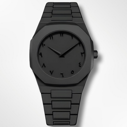 Black watch with a minimalist design on a light gray background
