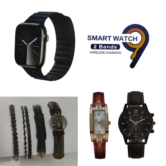 Smart watch with bands and additional watches on a white background
