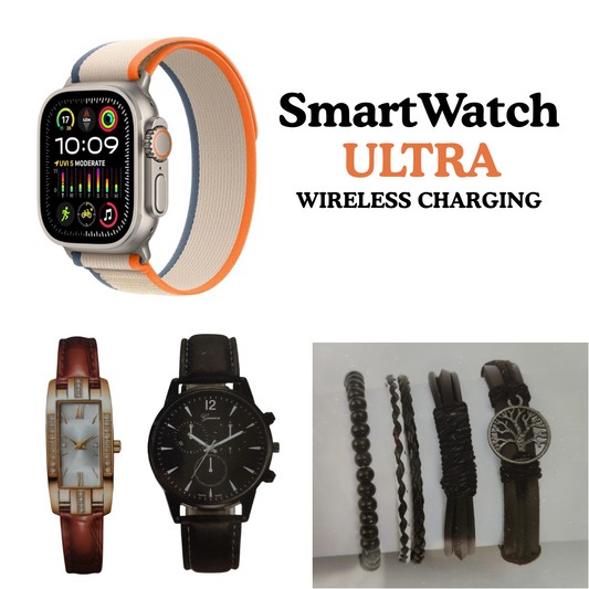 Smartwatch with colorful band, traditional watches, and bracelets on a white background