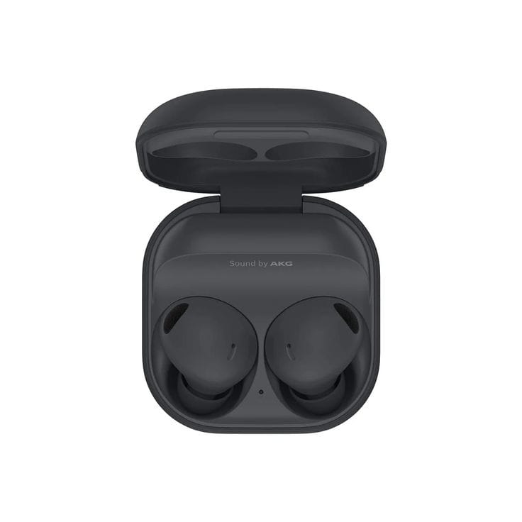 Black wireless earbuds in an open case on a white background with 'Sound by AKG' branding.