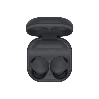 Black wireless earbuds in an open case on a white background with 'Sound by AKG' branding.
