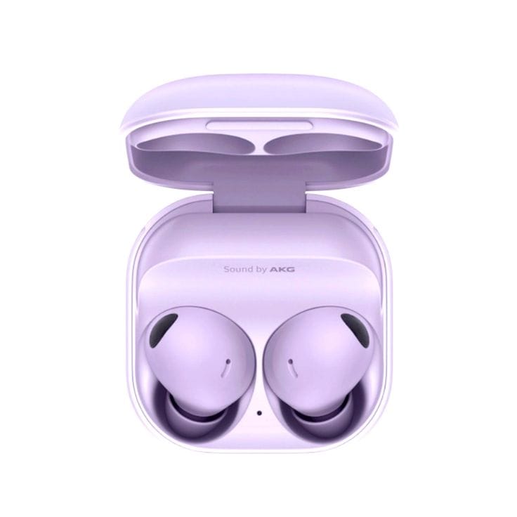 Purple wireless earbuds in a transparent case on a white background
