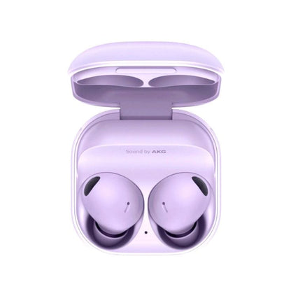 Purple wireless earbuds in a transparent case on a white background
