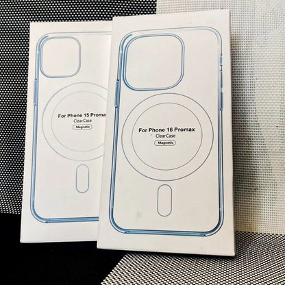 Two packaging boxes for 'For Phone 15 Pro Max Clear Case Magnetic' on a textured surface.