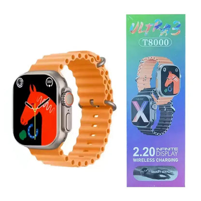 Smartwatch with orange band and packaging on a white background