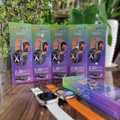 Packaging of T800 smartwatch bands with a couple of watches displayed in front.
