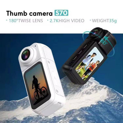Two Thumb camera S70 devices on a mountain background with product features listed.