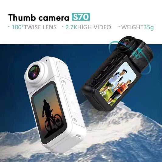 Two Thumb camera S70 devices on a mountain background with product features listed.