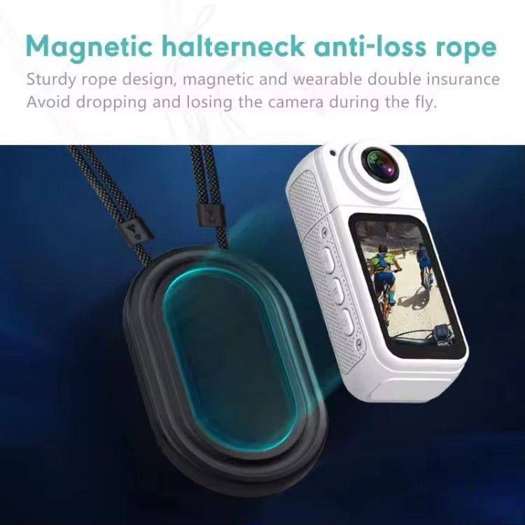 Camera with magnetic halterneck anti-loss rope on a dark background
