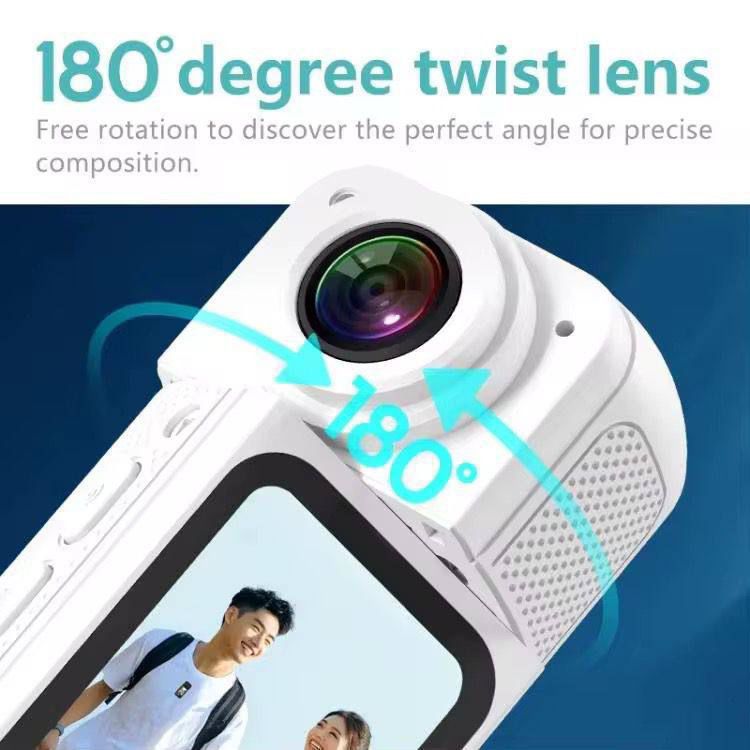 Camera with 180-degree twist lens feature on a blue background