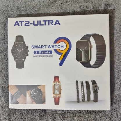 Box for AT2-Ultra smart watch with images of the watch and bands on a gray textured background