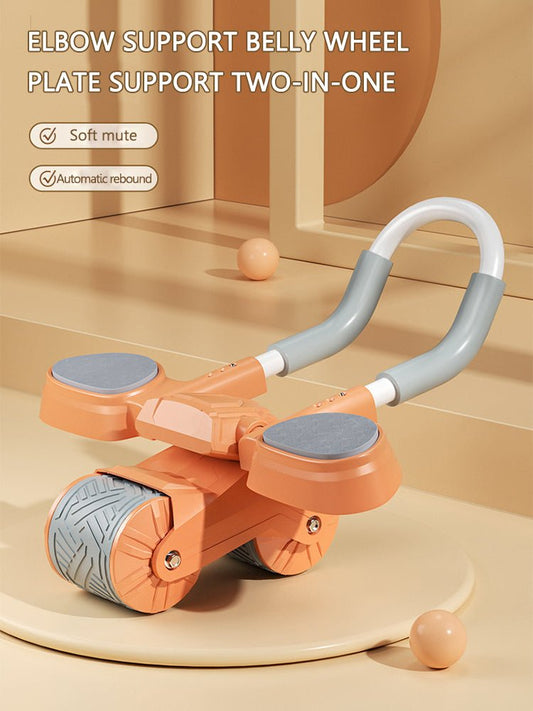 Orange and gray exercise device with text on a beige background