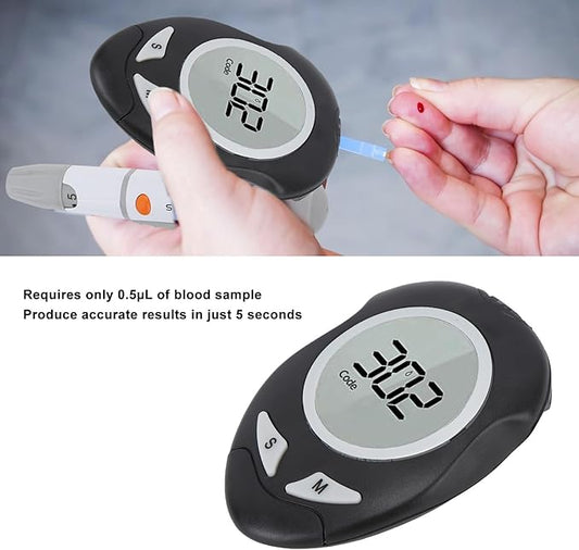Glucose meter with blood sample and results displayed, on a gray background.