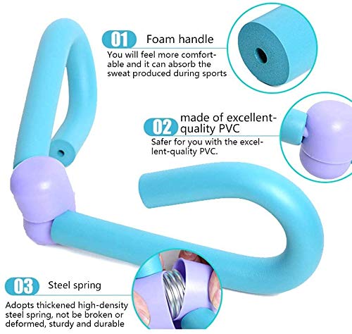 Blue and purple exercise handle with foam handle, PVC material, and steel spring features.