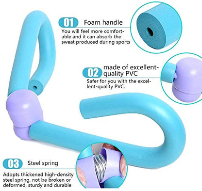 Blue and purple exercise handle with foam handle, PVC material, and steel spring features.