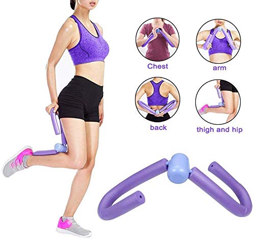 Woman using a purple exercise tool with inset images showing its use on different parts of the body.
