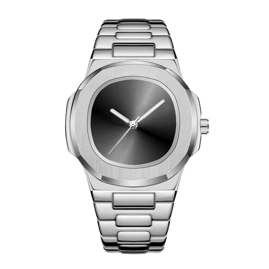 Silver wristwatch with a metallic band on a white background