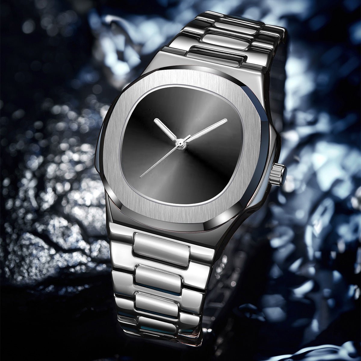 Silver wristwatch with a metallic band on a dark textured background