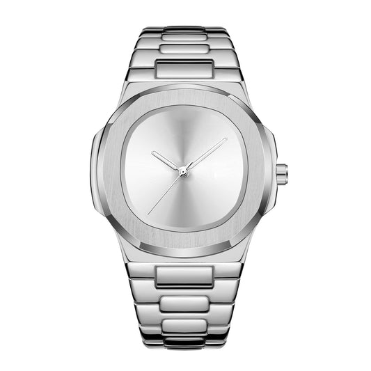 Silver wristwatch with a metallic band on a white background