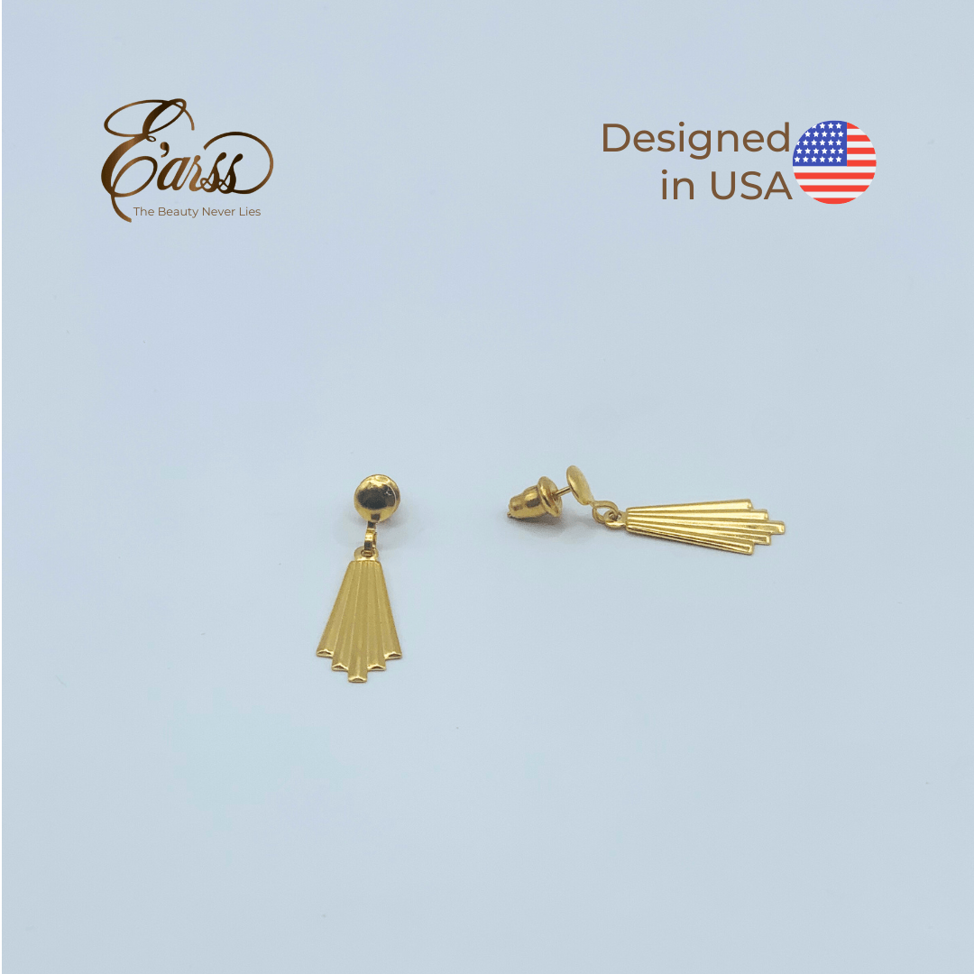 Gold earrings with tassel design on a light blue background, featuring the Earss brand logo.
