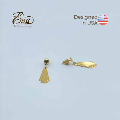 Gold earrings with tassel design on a light blue background, featuring the Earss brand logo.