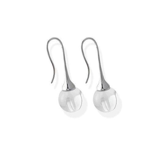 Pair of silver earrings with white spherical drops on a white background