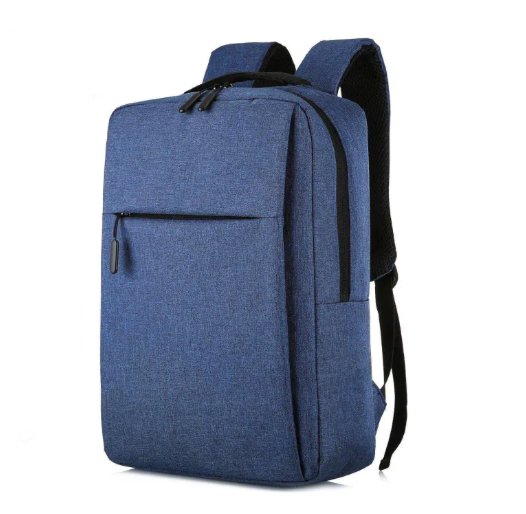 Blue backpack with a black zipper on a white background