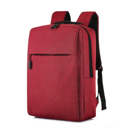 Red backpack with black zippers on a white background