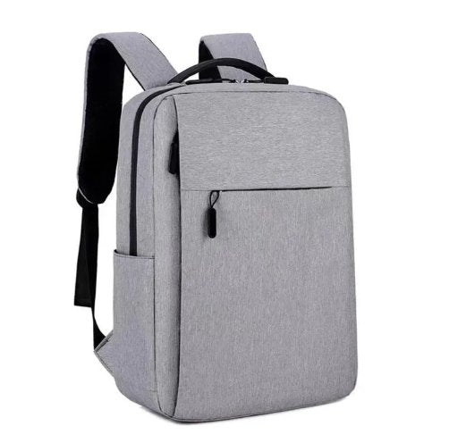 Gray backpack with a front pocket on a white background