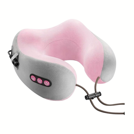 Gray and pink neck pillow with control panel on a white background