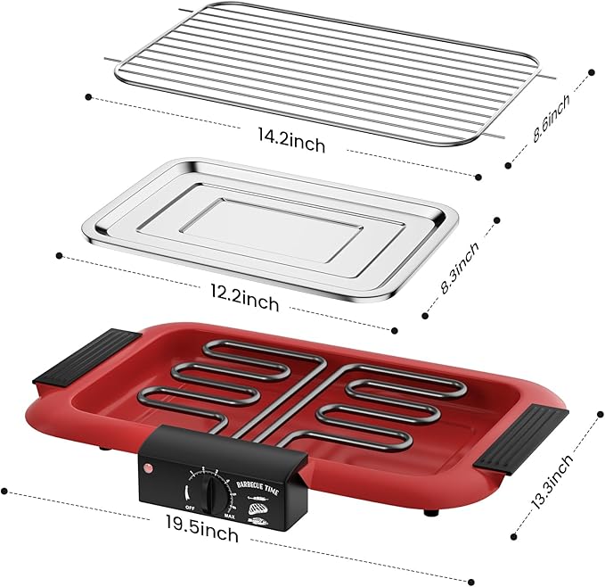 Red electric griddle with dimensions labeled on a white background