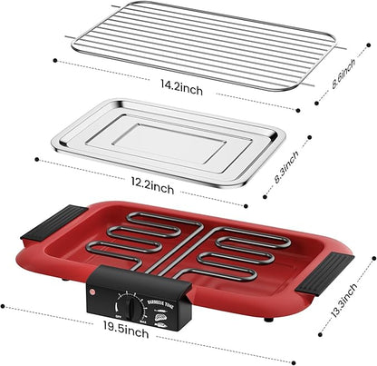 Red electric griddle with dimensions labeled on a white background