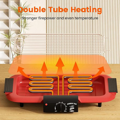 Double tube heating device with diagram showing airflow and text about stronger firepower and even temperature.