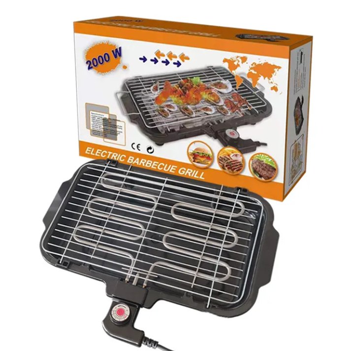 Electric barbecue grill with packaging on a white background