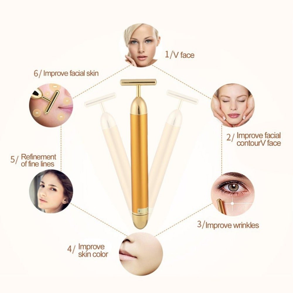 Facial rejuvenation tool with benefits on a white background