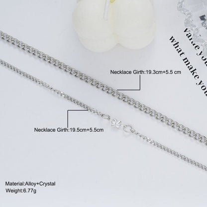 Silver necklace with measurements and material details on a white background