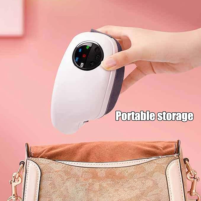 Hand holding a small white eye masager with a pink background and 'Portable storage' text.