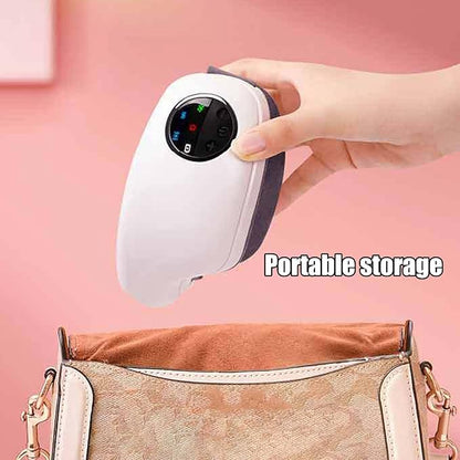Hand holding a small white eye masager with a pink background and 'Portable storage' text.