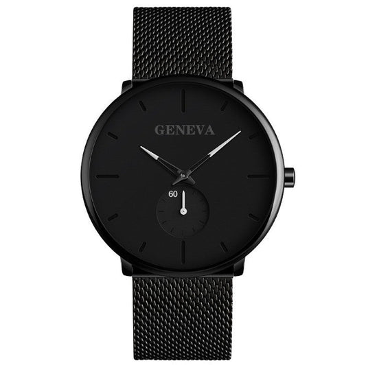 Black watch with mesh band on a white background