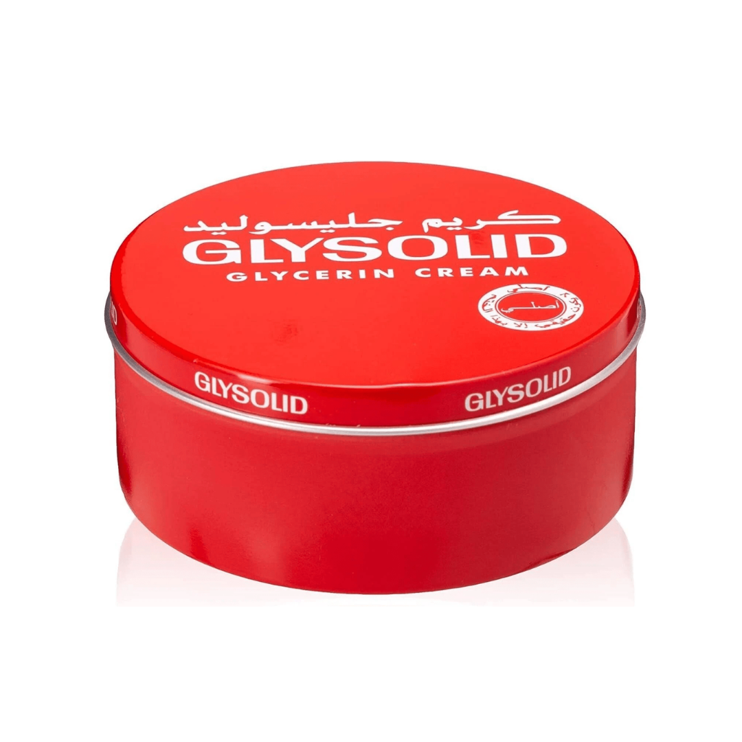 Red container of Glysolid Glycerin Cream on a white background