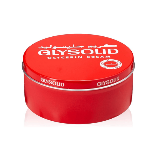 Red container of Glysolid Glycerin Cream on a white background