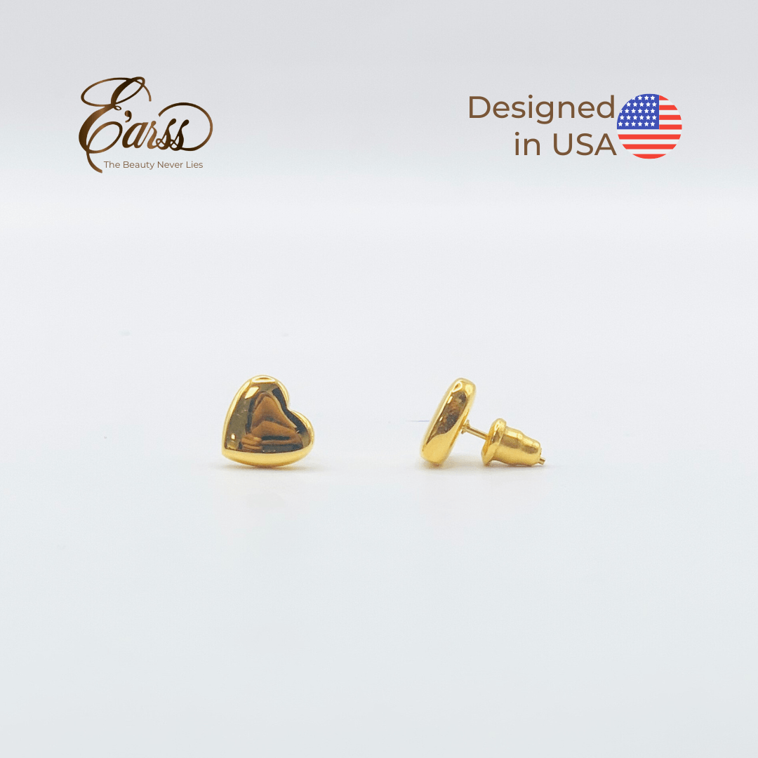 Gold heart-shaped earrings on a white background with 'Earss' brand logo and 'Designed in USA' text.