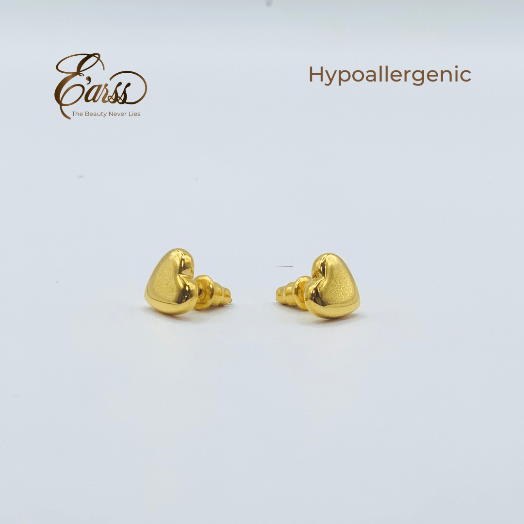 Gold heart-shaped earrings on a white background with 'Ears' brand and 'Hypoallergenic' text.